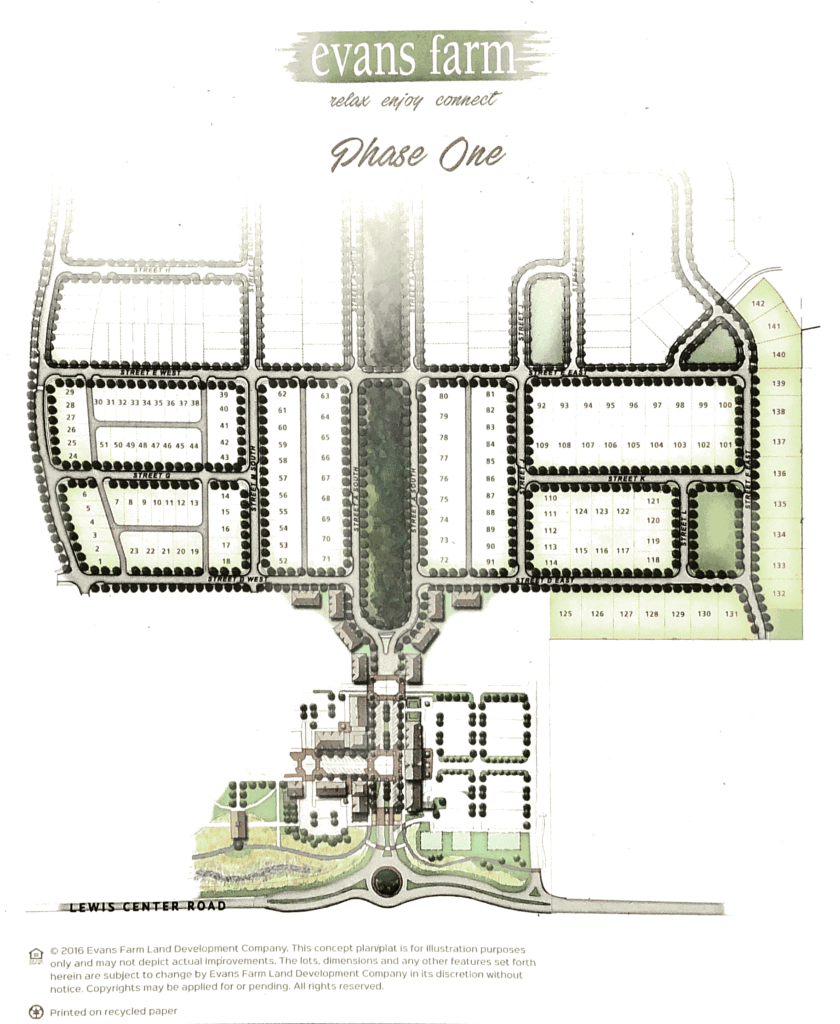 map of Phase 1 of Evans Farm neighborhood in Lewis Center