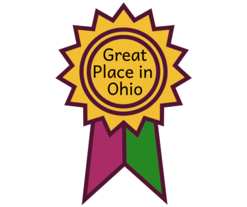 Gold, pink, green ribbon says "Great Place In Ohio" for Delaware Ohio