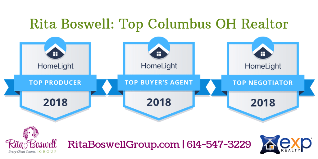 Row of Three HomeLight awards in blue and gray naming Rita Boswell a Top Producer, Top Buyer's Agent, and Top Negotiator in 2018