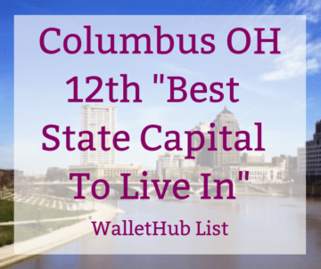 Background of Columbus OH Skyline with overlay text saying "Columbus OH 12th Best State Capital To Live In" WalletHub List