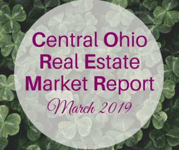 dark green clover background with pink text overlay saying "central Ohio real estate market report march 2019"