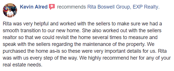Screenshot of Facebook recommendation by Kevin Alred about Realtor Rita Boswell