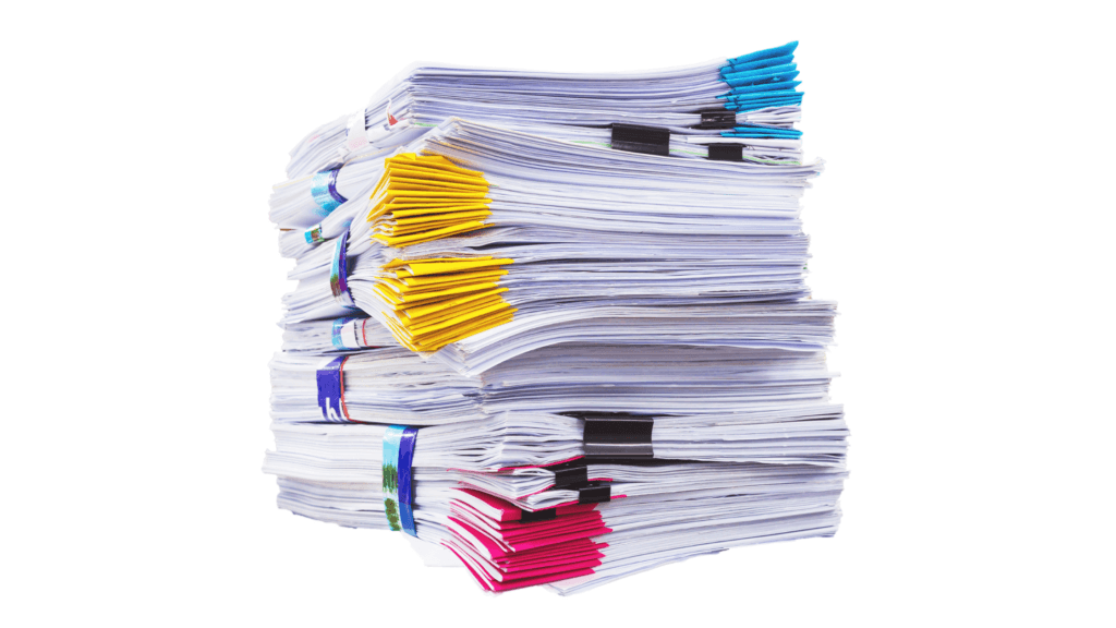 large stack of papers with color coded corners